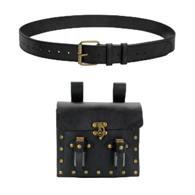 predolo Medieval Belt Pouch Set Antique Buckle Cosplay Waist Belt Rivet Accents Medieval Waist Pouch for Role-Cosplayers, Array, Black