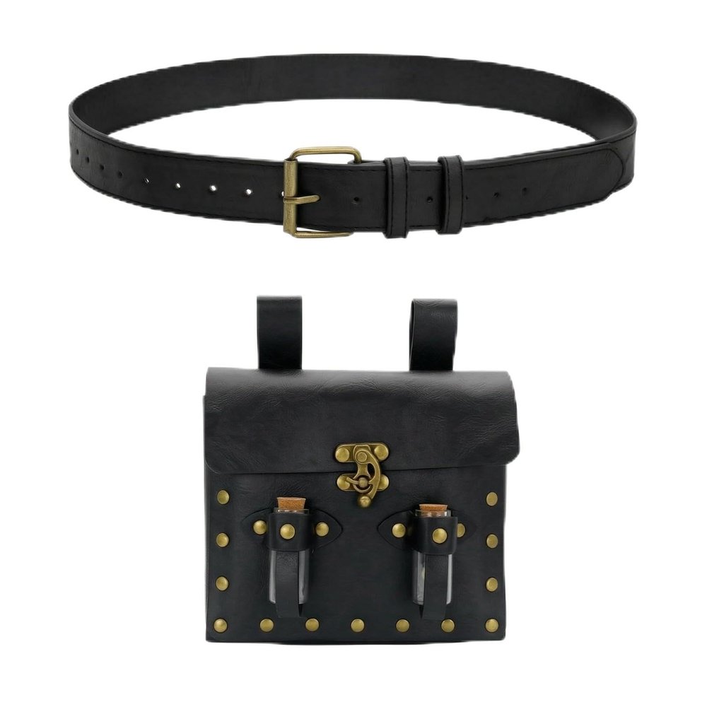 predolo Medieval Belt Pouch Set Antique Buckle Cosplay Waist Belt Rivet Accents Medieval Waist Pouch for Role-Cosplayers, Array, Black