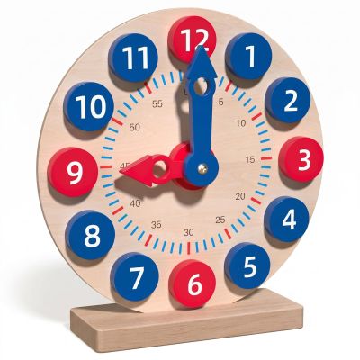 KQFCAZRE Fine Motor Skills Red and Blue Number Shape Clock Wooden Teaching Clock for Kids