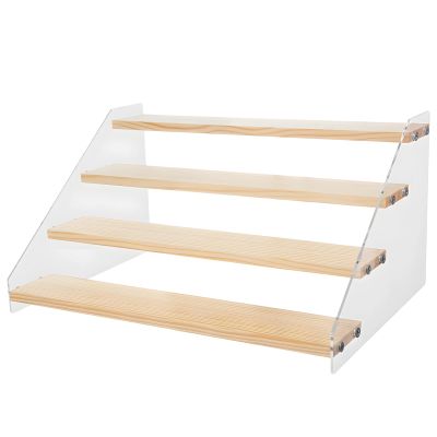 YHomU 4-Tier Wood Display Stand, Wood and Acrylic Shelf Riser for Action Figures, Dolls, Perfume, Cupcakes, Toys, Jewelry, Makeup