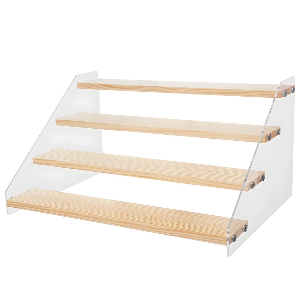 YHomU 4-Tier Wood Display Stand, Wood and Acrylic Shelf Riser for Action Figures, Dolls, Perfume, Cupcakes, Toys, Jewelry, Makeup