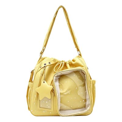 Large Capacity Cartoon Ita Bag with Drawstring & Clear Window for Girls Teens School Cosplay (Yellow)