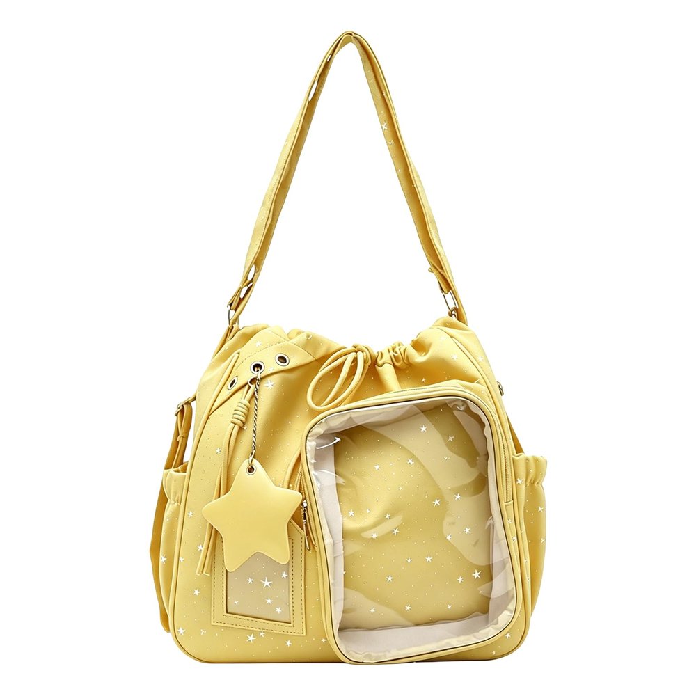 Large Capacity Cartoon Ita Bag with Drawstring & Clear Window for Girls Teens School Cosplay (Yellow)