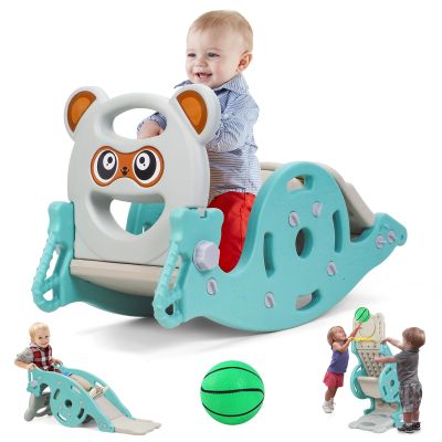 4-in-1 Kids Slide & Rocking Toy, Convertible Rocking Horse with Basketball Hoop, Portable Freestanding Slide Playset for Toddlers Age 1-6 Boys & Girls Green