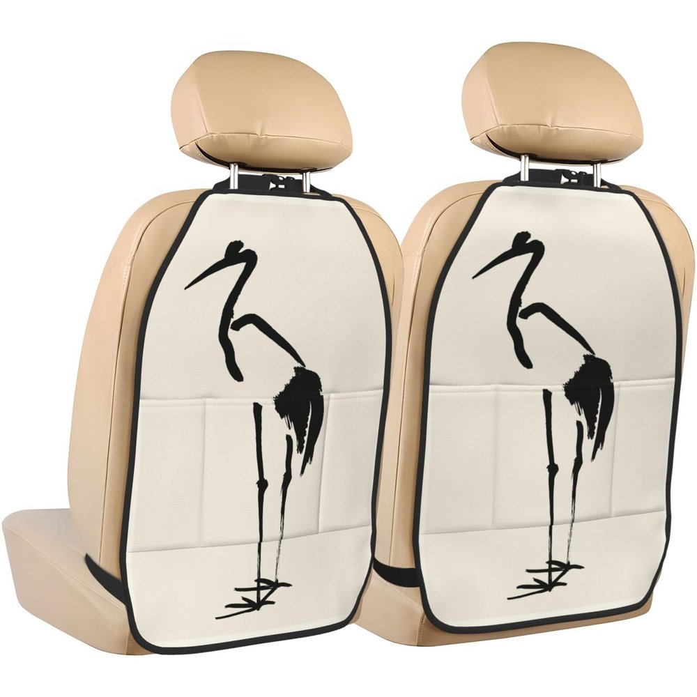 XBubupX Minimalist Crane Bird Car Seat Back Kick Protectors,2 Pack Kick Mats with Storage Pockets for Vehicles to Protect from Dirt Mud Scratches