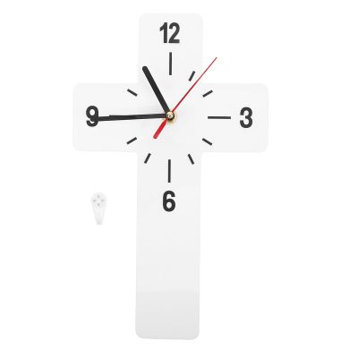 OUNONA Cross Wall Clock: White Acrylic Hanging Clock for Christian Home Decor - 12 X 7 Inch Non-Ticking Quiet Timepiece for Nursery Bedroom Prayer Room