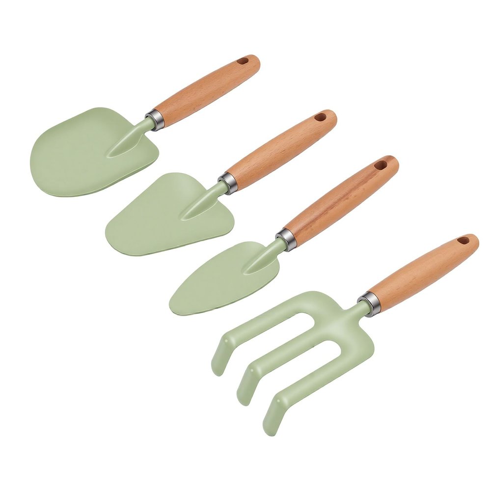 SUNGOOYUE Kids Gardening Tools, Beach Toys Spade 7 Inch Wooden Handle with Hanging Hole for Sandbox Beach Backyard Play, Iron Heads for Toddlers Ages 3-8 Kids Gardening Tools, 4 Pack Hand (Green)