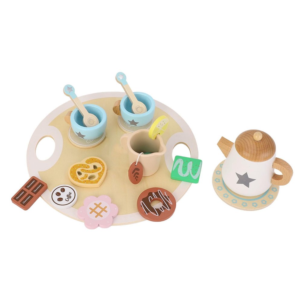 Fabater Wooden Tea Party Set, Cherry Wood Safe Material Enhances Social Skills Wooden Teapot Tea Cup Set, for Little Girls with 19 Piece Accessories for