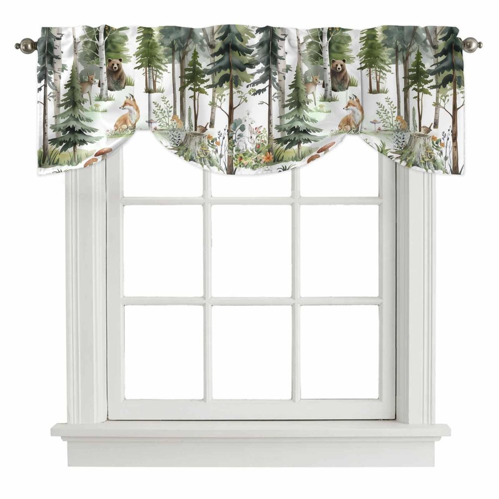 JuBOUPEN Tie Up Curtain Valance 54"x18",Watercolor Animals Bears Deer Foxes Adjustable Window Shade Rod Pocket Kitchen Valances Small Windows Treatment for Living Room Bathroom Bedroom,Rabbits Trees