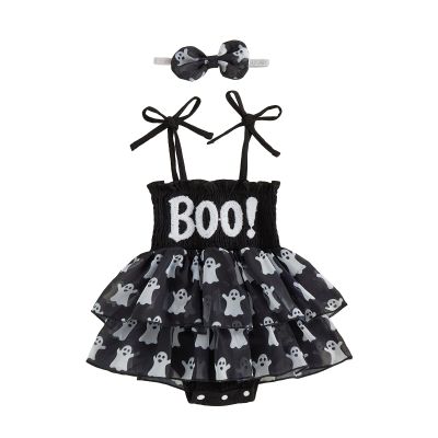 Rourufy Baby Girl Halloween Outfit Pumpkin Face Smocked Tutu Romper Dress (B Ghost Black, 12-18 Months)