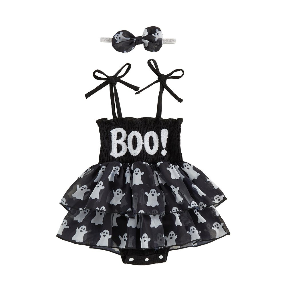 Rourufy Baby Girl Halloween Outfit Pumpkin Face Smocked Tutu Romper Dress (B Ghost Black, 12-18 Months)