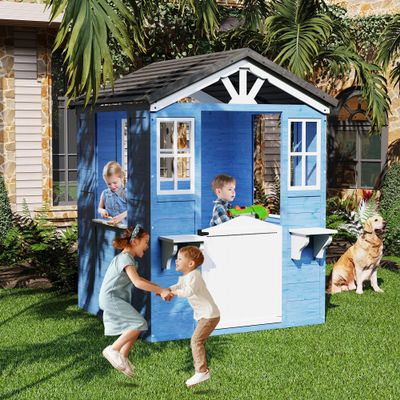 Wooden Kids Playhouse with Kitchen, Outdoor Cedar Cottage, Blue