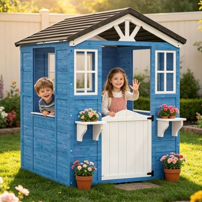 MOVECOM Wooden Kids Playhouse Outdoor, Cedar Play House for Kids Ages 4-8,with Dutch Door, Play Kitchen, Flowerpot Holder, Easy to Assemble-Blue