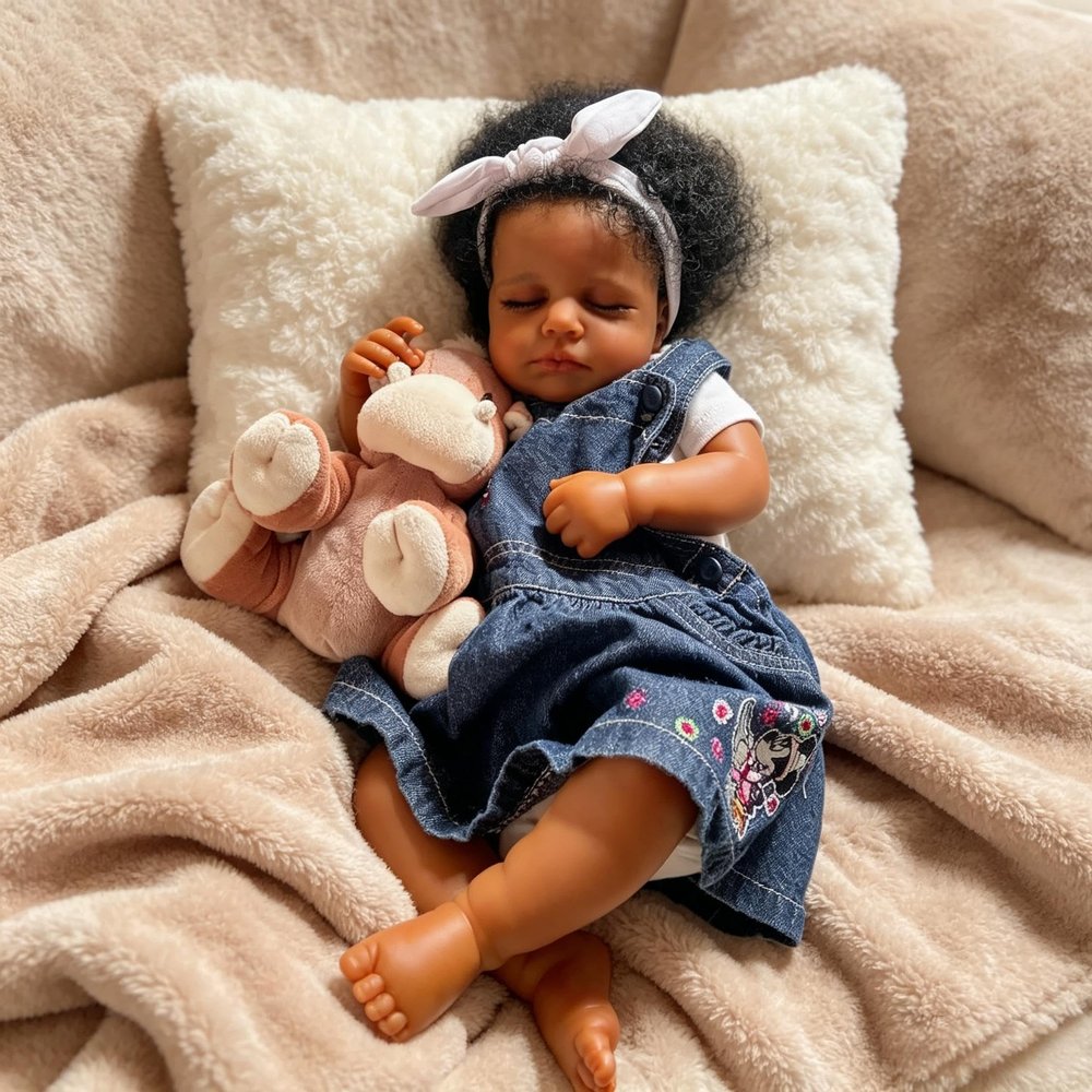 RXDOLL Realistic Reborn Baby Dolls Silicone Full Body Vinyl African American Sleeping Girl 20 Inch Lifelike Baby Dolls that Look Real Dark Skin Anatomically Correct Newborn Babies