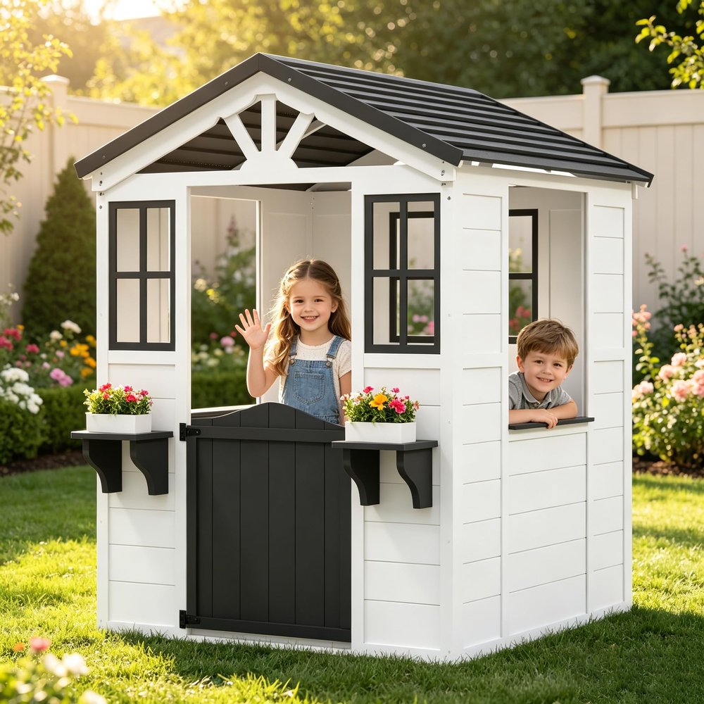 MOVECOM Wooden Kids Playhouse Outdoor, Cedar Play House for Kids Ages 4-8,with Dutch Door, Play Kitchen, Flowerpot Holder, Easy to Assemble-White