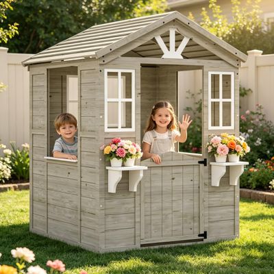 MOVECOM Wooden Kids Playhouse Outdoor, Cedar Play House for Kids Ages 4-8,with Dutch Door, Play Kitchen, Flowerpot Holder, Easy to Assemble-Grey
