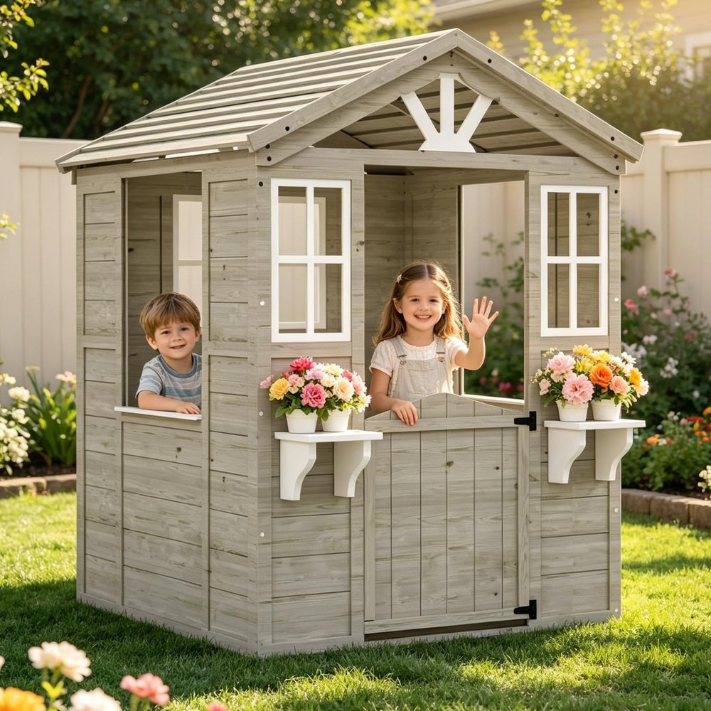 MOVECOM Wooden Kids Playhouse Outdoor, Cedar Play House for Kids Ages 4-8,with Dutch Door, Play Kitchen, Flowerpot Holder, Easy to Assemble-Grey