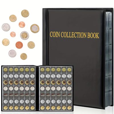 Coin Collection Album, Black 420 Grid Large Capacity, A4 Size Holder, 11.7 x 8.3 x 1.6 in, Individual 1.2 x 1.2 in Slots, Clear Pages for Commemorative Coins, Stickers and Badges