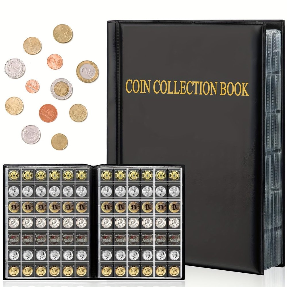 Coin Collection Album, Black 420 Grid Large Capacity, A4 Size Holder, 11.7 x 8.3 x 1.6 in, Individual 1.2 x 1.2 in Slots, Clear Pages for Commemorative Coins, Stickers and Badges