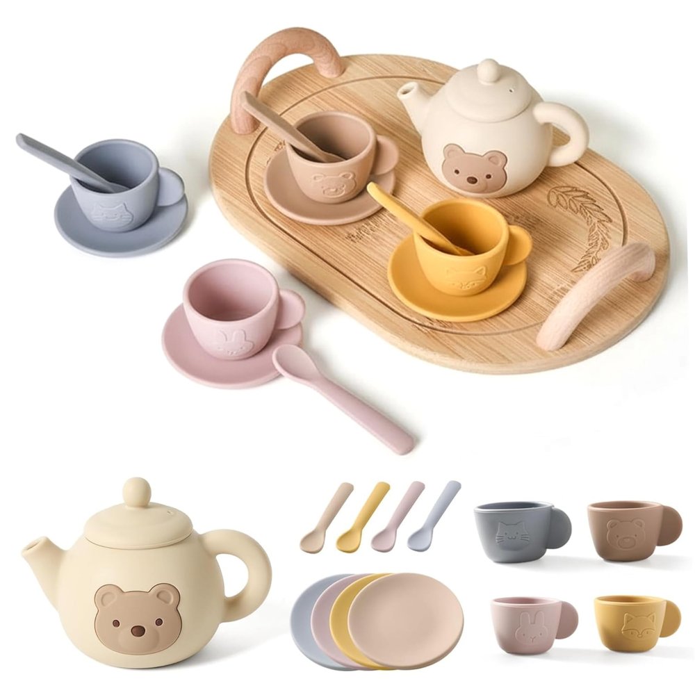 Bemonew Tea Sets for Toddlers 3-5, Educational Tea Party Set with Silicone Teapot, Cups, Coasters with Serving Spoon for Girls and Boys