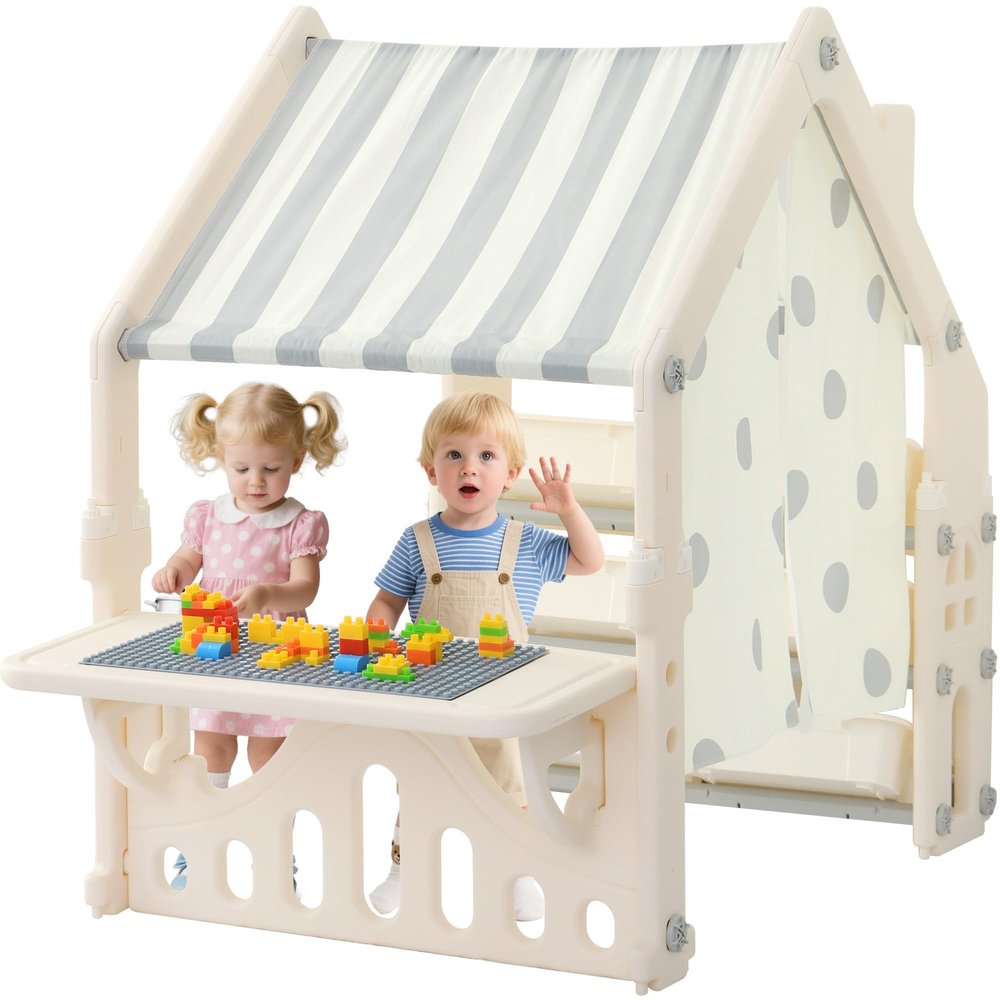 HAPPYMATY Kids Playhouse with Storage Boxes and Building Block Panel, Indoor Outdoor Toddler Play Tent with Roof & Curtain, Multifunction Activity Play Area for Creative Learning, Gray