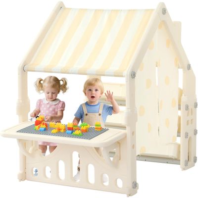 HAPPYMATY Kids Playhouse with Storage Boxes and Building Block Panel, Indoor Outdoor Toddler Play Tent with Roof & Curtain, Multifunction Activity Play Area for Creative Learning, Khaki