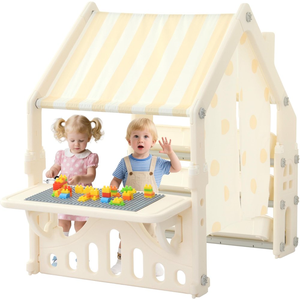 HAPPYMATY Kids Playhouse with Storage Boxes and Building Block Panel, Indoor Outdoor Toddler Play Tent with Roof & Curtain, Multifunction Activity Play Area for Creative Learning, Khaki