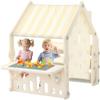 HAPPYMATY Kids Playhouse with Storage Boxes and Building Block Panel, Indoor Outdoor Toddler Play Tent with Roof & Curtain, Multifunction Activity Play Area for Creative Learning, Khaki view 1