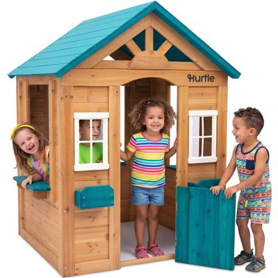 Hurtle Wooden Kids Playhouse, Outdoor Wood House with, Snack Window, Flower Box, Wide Windows, for Ages 3-8, Spacious Backyard Play House for Up to 3 Kids, Durable, Easy Quick Assembly