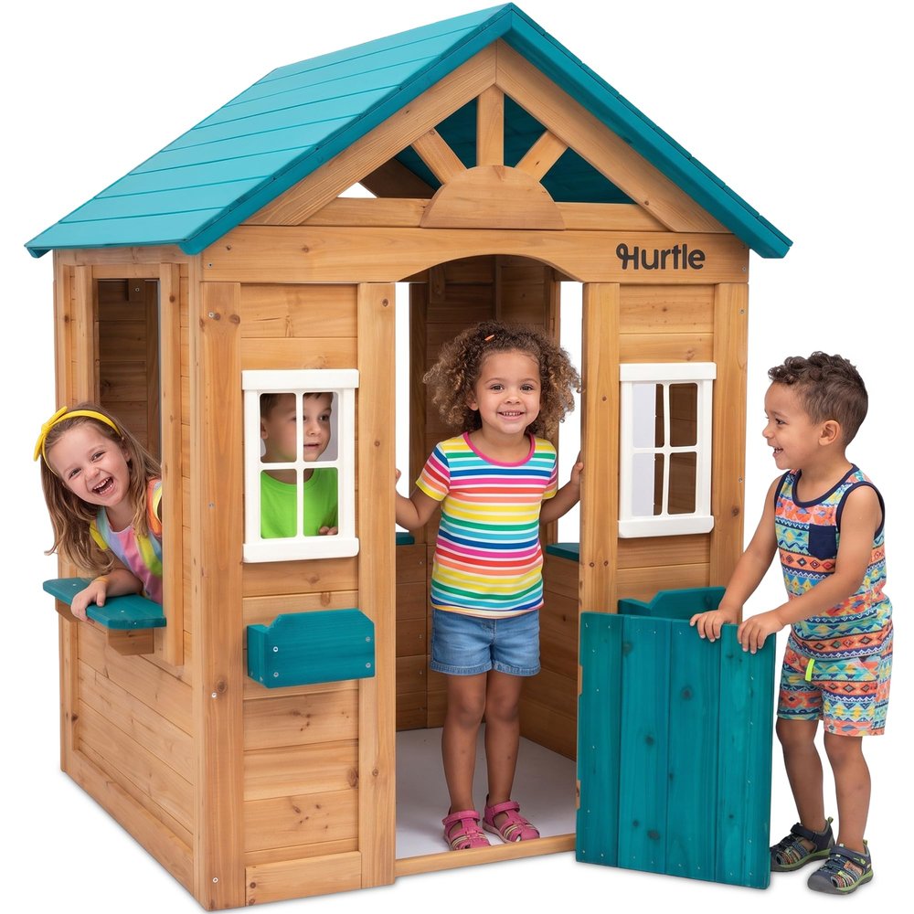 Hurtle Wooden Kids Playhouse, Outdoor Wood House with, Snack Window, Flower Box, Wide Windows, for Ages 3-8, Spacious Backyard Play House for Up to 3 Kids, Durable, Easy Quick Assembly