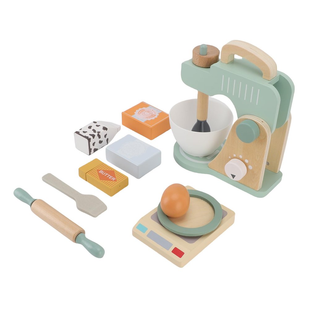 Jiawu Wooden Blender Play Set, Sturdy Beech Wood Design Bake Mixer Toy, Wooden Kitchen Toys Blender with Rolling Pin Milk Spatula Weighing Scale Bowl Egg for Toddlers Preschool