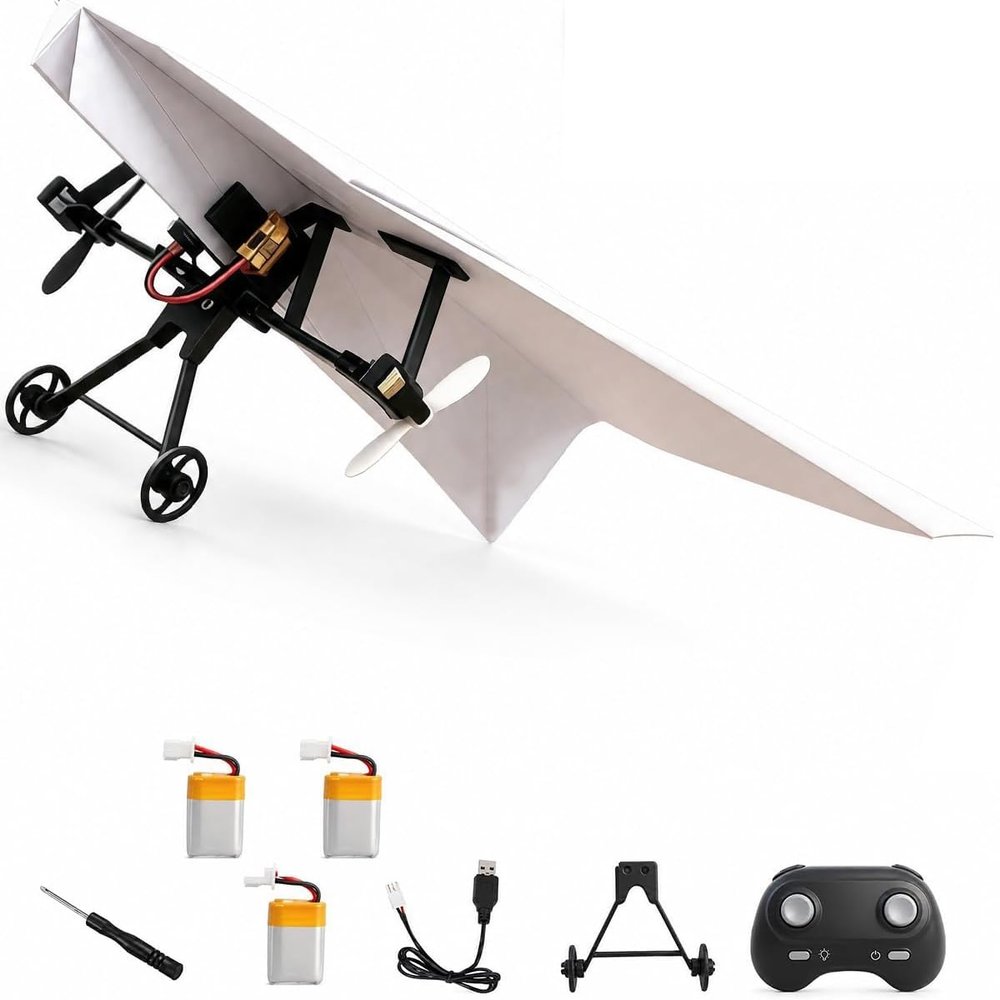NEREIDS NET Rc Paper Airplane Kit with Gyro Stabilizer DIY Electric Remote Control Plane with Dual Propellers, Lightweight Foldable Flying Stem Toy Micro Fixed Wing Drone Three Electrics