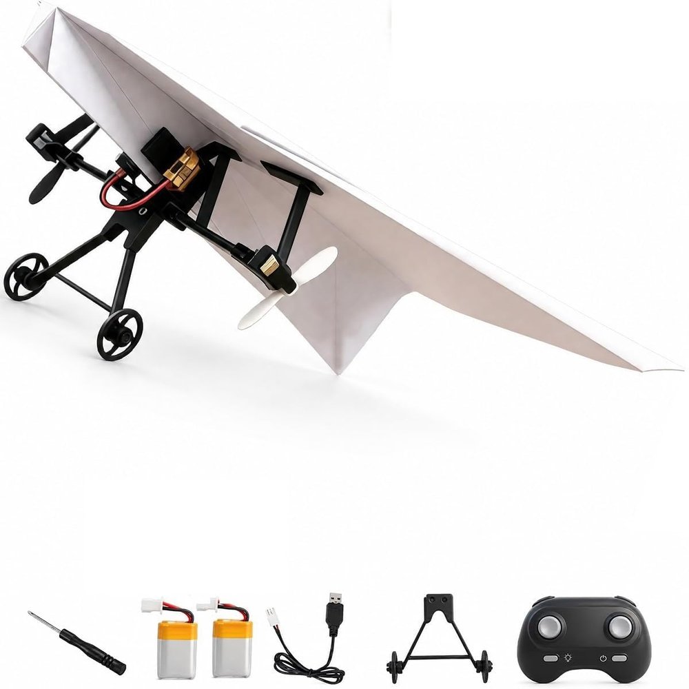 NEREIDS NET Rc Paper Airplane Kit with Gyro Stabilizer DIY Electric Remote Control Plane with Dual Propellers, Lightweight Foldable Flying Stem Toy Micro Fixed Wing Drone Two Electrics