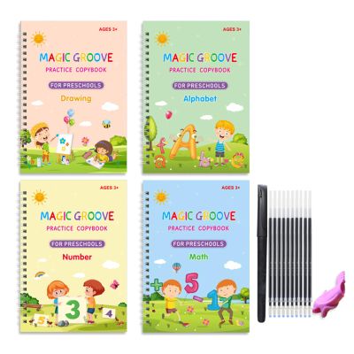 4Pcs Magical Handwriting Practice Workbook Set for Preschooler Includes Gel Pen Silicone Pen Grip and Refills ' s Handwriting Practice Book