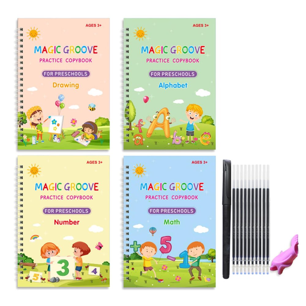 4Pcs Magical Handwriting Practice Workbook Set for Preschooler Includes Gel Pen Silicone Pen Grip and Refills ' s Handwriting Practice Book