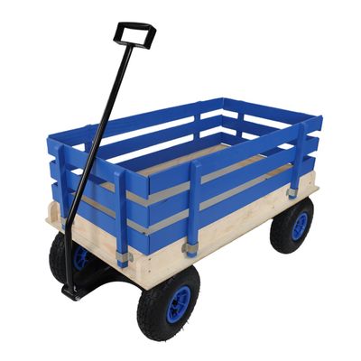 Blue Wooden Kids Pull Wagon with Removable Side Rails and All Terrain Wheels, Heavy Duty Outdoor Garden Cart for Toddlers, Portable Toy Wagon for Beach, Camping and Backyard Play
