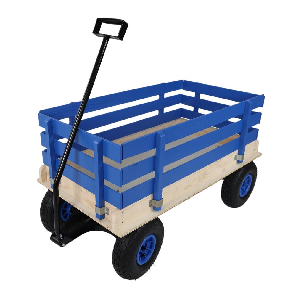 Blue Wooden Kids Pull Wagon with Removable Side Rails and All Terrain Wheels, Heavy Duty Outdoor Garden Cart for Toddlers, Portable Toy Wagon for Beach, Camping and Backyard Play