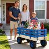 Blue Wooden Kids Pull Wagon with Removable Side Rails and All Terrain Wheels, Heavy Duty Outdoor Garden Cart for Toddlers, Portable Toy Wagon for Beach, Camping and Backyard Play view 4