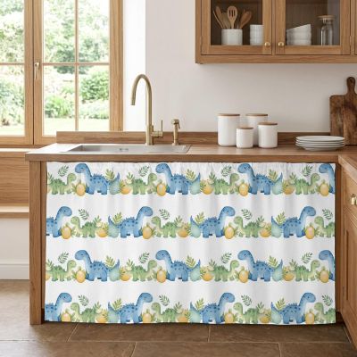 Cartoon Dinosaur Cabinet Curtains for Kitchen 32"W x 55"L, Modern Green Blue Dino Egg Animal Nursery Pantry Curtain Skirt Magic Tape Short Curtains Privacy Panel for Utility Closet Bathroom