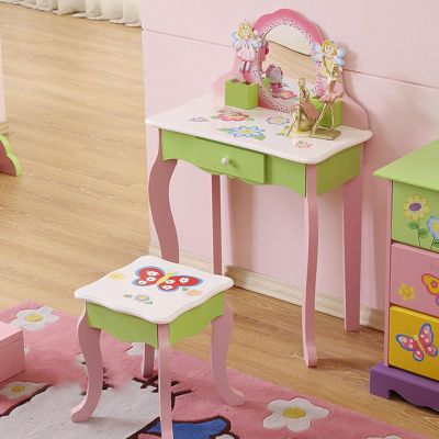 Snnozy Kids Vanity Set Girls Vanity Table Toddler Dressing Table Wooden Makeup and Chair Acrylic Oval Mirror Drawer Anti Tip Device for 3+ Years