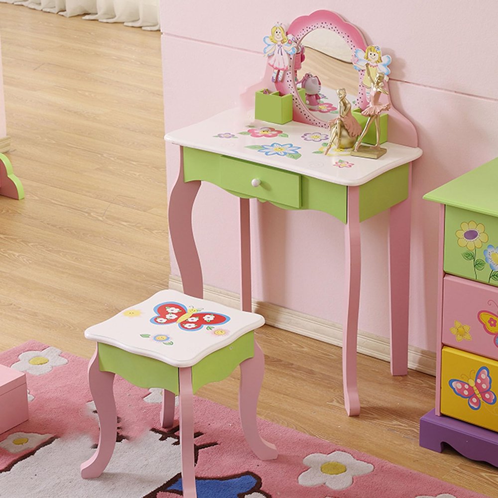 Snnozy Kids Vanity Set Girls Vanity Table Toddler Dressing Table Wooden Makeup and Chair Acrylic Oval Mirror Drawer Anti Tip Device for 3+ Years