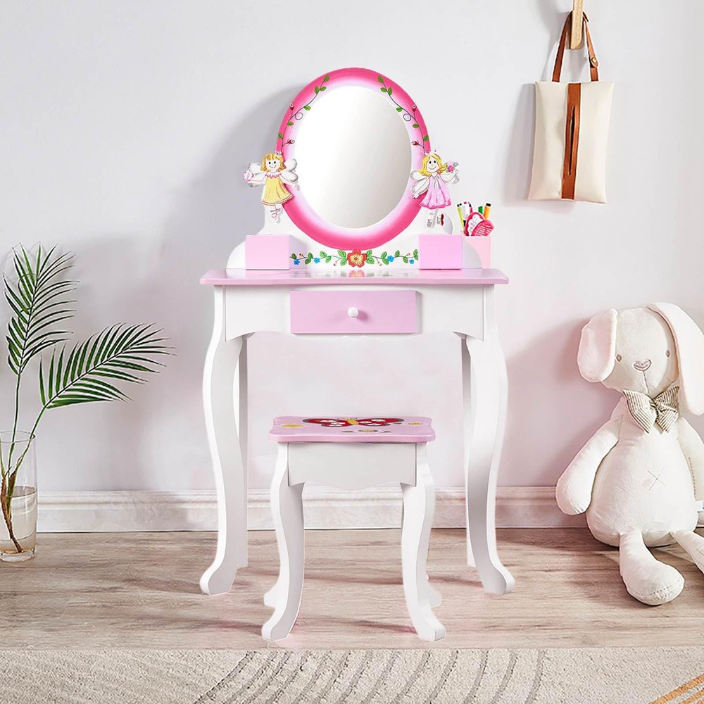 Snnozy Kids Vanity Set Toddler Vanity Table with Stool Princess Dressing Table Kids Makeup Floral Printed Wooden Mirror Drawer Jewelry Boxes for Role Playing Pink