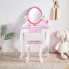 Snnozy Kids Vanity Set Toddler Vanity Table with Stool Princess Dressing Table Kids Makeup Floral Printed Wooden Mirror Drawer Jewelry Boxes for Role Playing Pink view 1