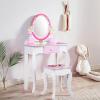 Snnozy Kids Vanity Set Toddler Vanity Table with Stool Princess Dressing Table Kids Makeup Floral Printed Wooden Mirror Drawer Jewelry Boxes for Role Playing Pink view 3