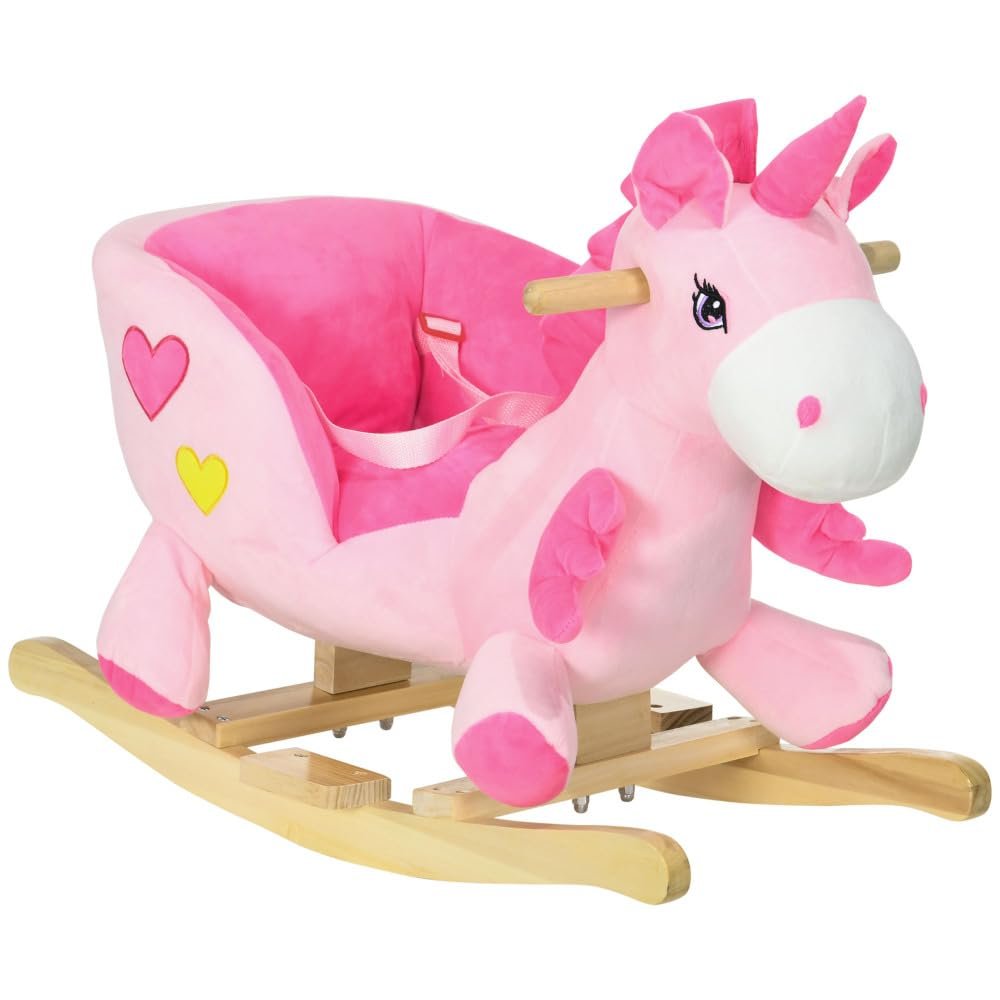Ride on Unicorn with 32 Songs, Toddler Rocker Toy with Wooden Base Seat Safety Belt for 1.5-3 Year Old, Pink