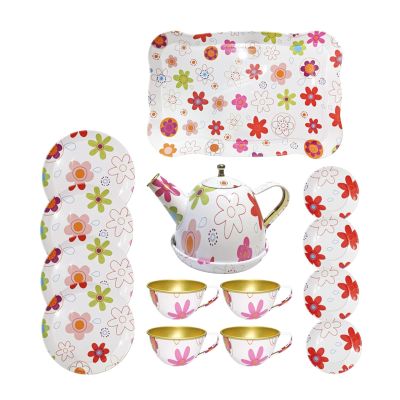 Set for Little Girls Tea Party Pretend Toy Afternoon Tea Playset Metal Kitchenware Accessory Tray Pot Cups Dishes