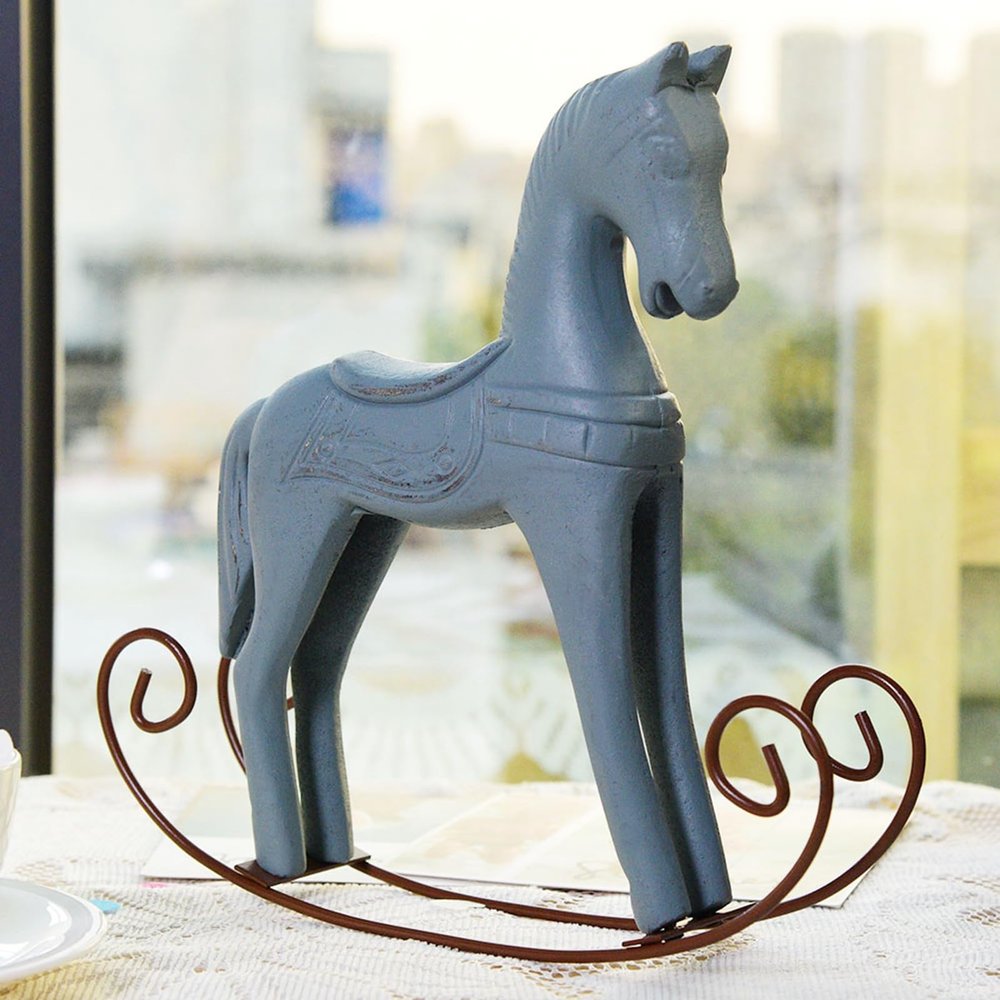 Aramox Hand Carved Painted Rocking Horse from Nordic Logs Shaky Wooden Horse Decorative Collectible Kids Home Desktop Ornament (Light Blue)