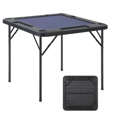 IDEALHOUSE 34.5 in Mahjong Table, Square Folding Card Table with Felt Blue Surface and Cup Holders, 4 Player Game Desk with Chip Trays Domino, Poker, Jigsaw Puzzles