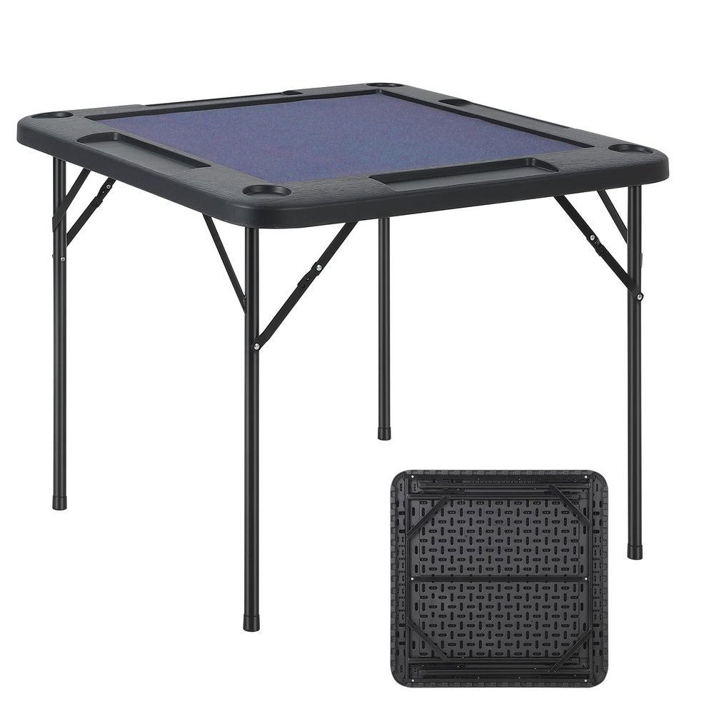 IDEALHOUSE 34.5 in Mahjong Table, Square Folding Card Table with Felt Blue Surface and Cup Holders, 4 Player Game Desk with Chip Trays Domino, Poker, Jigsaw Puzzles