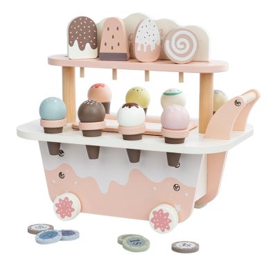 FytStycale Ice Cream Cart with Make-Believe Snacks Wooden Ice Cream Cart with Handle Pastel Pretend Play Store for Young Children